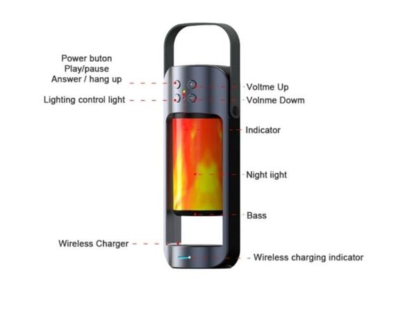 Alpha Other - Portable LED Lamp w Speaker and Wireless Charger Flame Led Light Outdoor Indoor